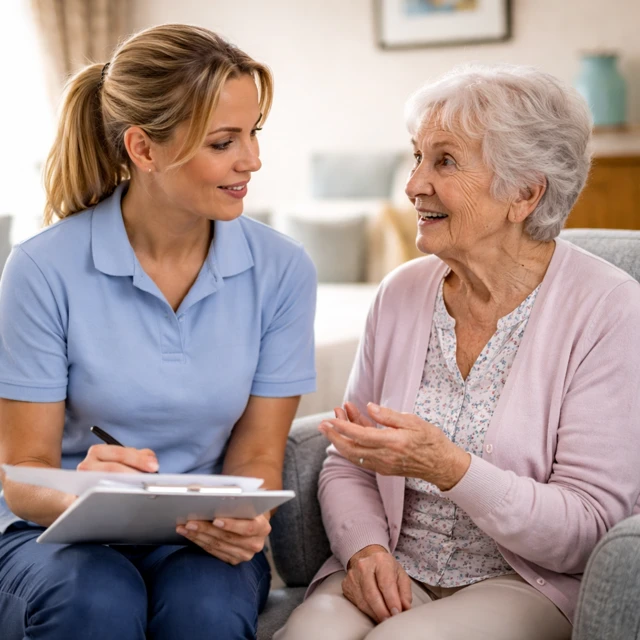 A support worker completes a form with an elderly resident