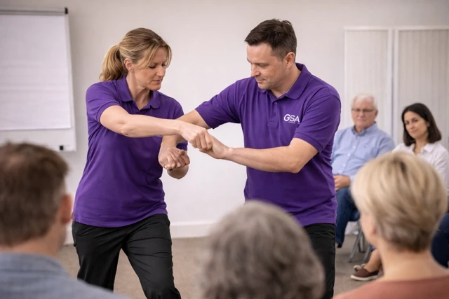 Two tutors demonstrate breakaway techniques