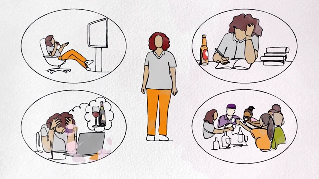 A person with different thought bubbles about their work and social life and situations where they would drink alcohol