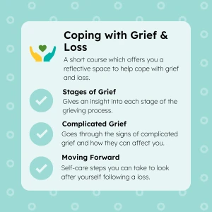 A blue poster with the title "coping with grief and loss"