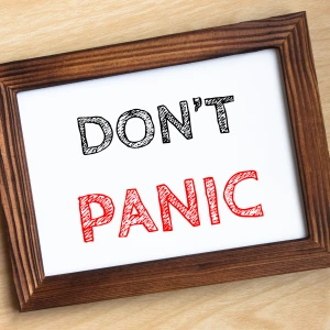 A framed image of the words "don't panic"
