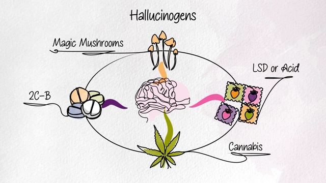 a brain in the middle of the picture with different types of drugs in a circle around this which impact on the brain