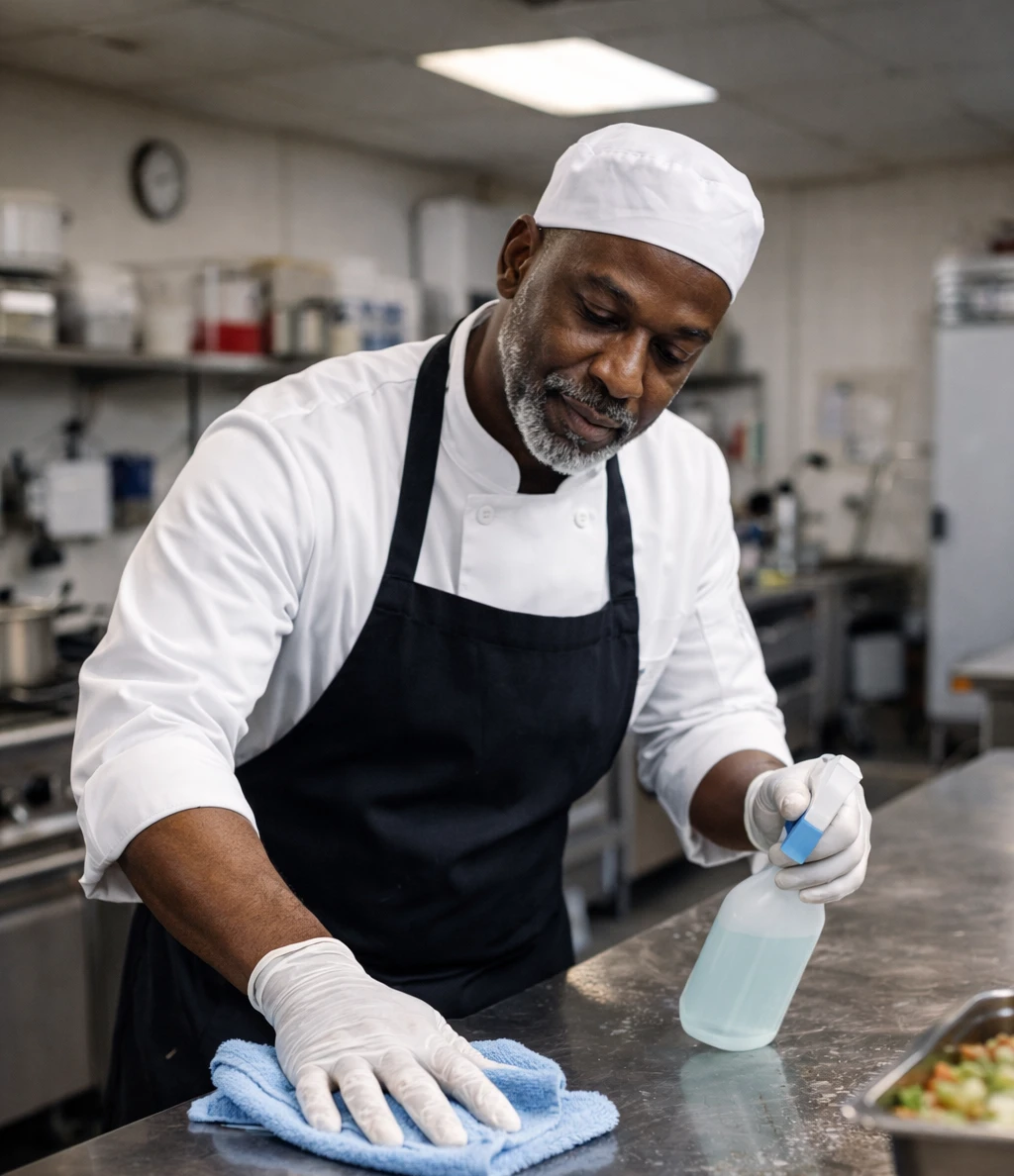 A chef cleans a work surface