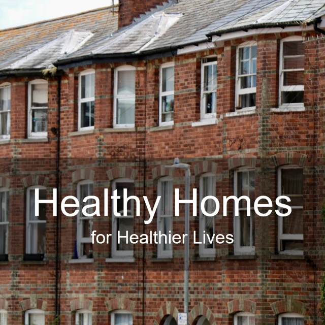 Terraced housing with the title healthy homes for healthier lives embedded on top