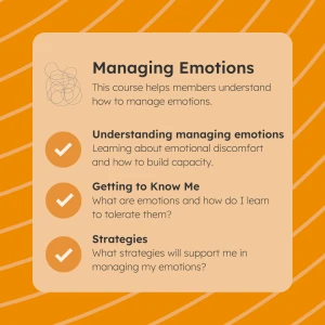 An orange poster card with the title "managing emotions"