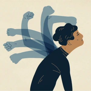 An illustration showing a man with arms emerging from his back, ready to strike. 