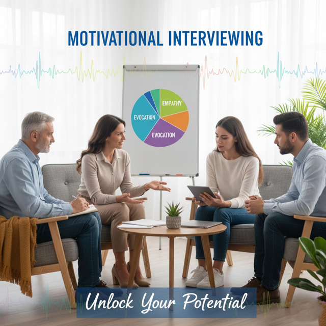 4 colleagues around a table discussing motivational interviewing