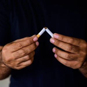 A photograph of a man's hands snapping a cigarette in half