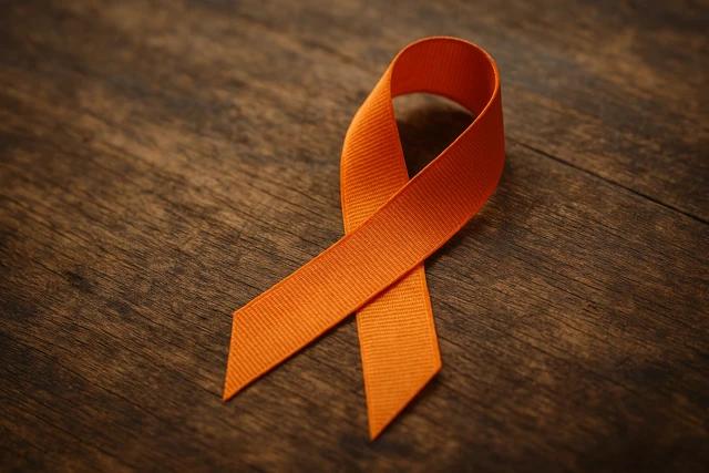 An orange ribbon on a table