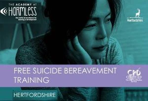 A lady with her face leaning on her hand, with the Harmless and Hertfordshire County Council logo