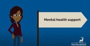 Blue background, image of a woman looking at a signpost reading Mental Health support