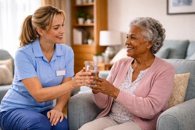 A care worker assists a client to drink water