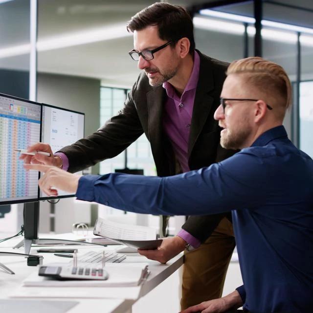 two colleagues looking at a screen with an Excel spreadsheet
