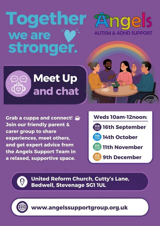Angels Meet Up and Chat event flyer showing adults talking around a table. 