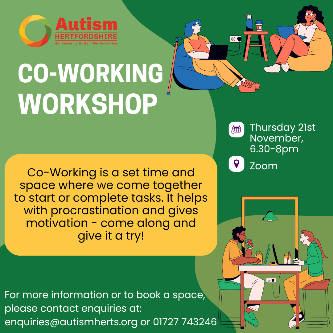 Autism Herts co-working workshop flyer