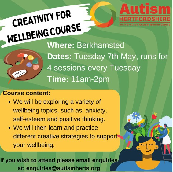 Autism Herts Creativity for wellbeing course flyer