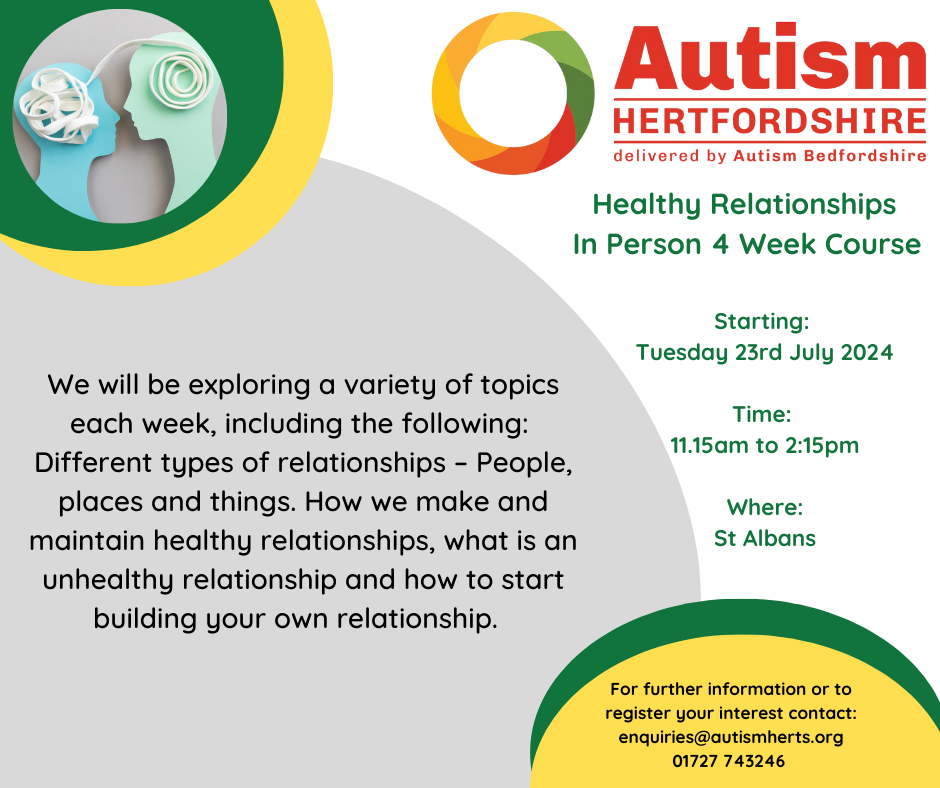 Flyer for Autism Herts healthy relationships course