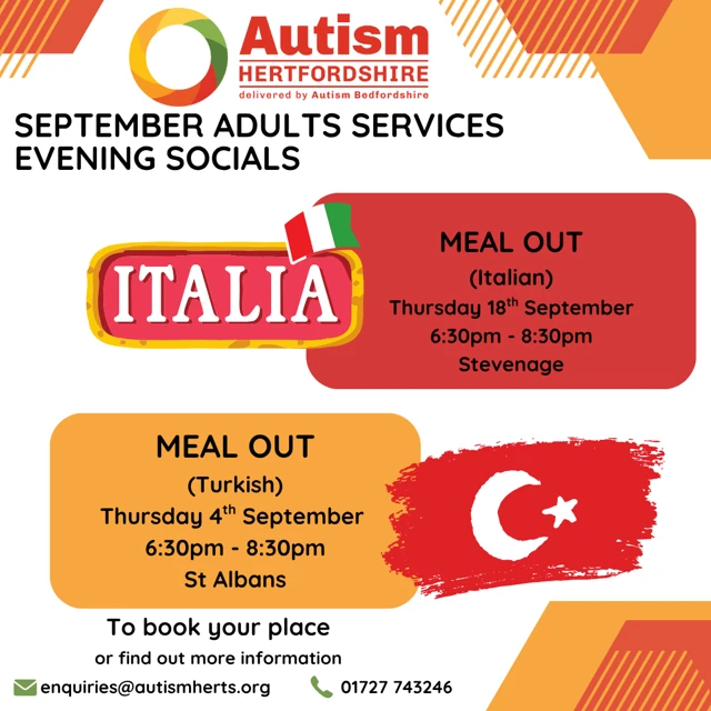 Autism Herts evening socials flyer