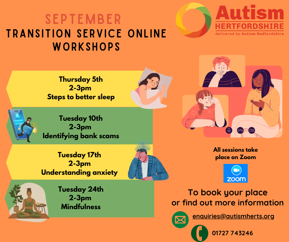 Autism Herts Transitions online workshops - flyer