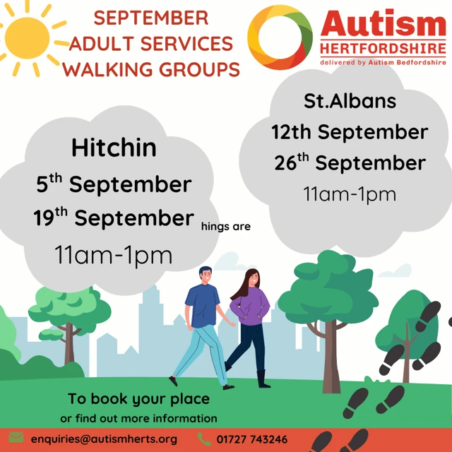 Flyer for walking groups showing 2 young people walking in a park
