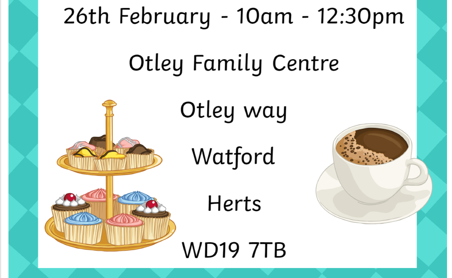 Coffee morning flyer with picture of cup cakes and coffee