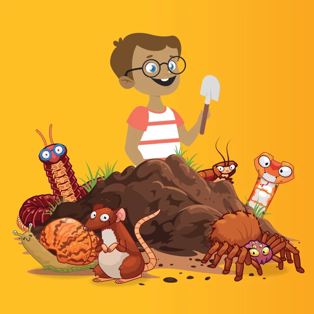 Henry sitting with a trowel in a pile of earth surrounded by bugs
