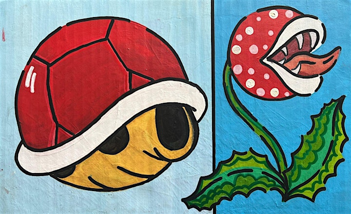 Mario characters, turtle shell and plant