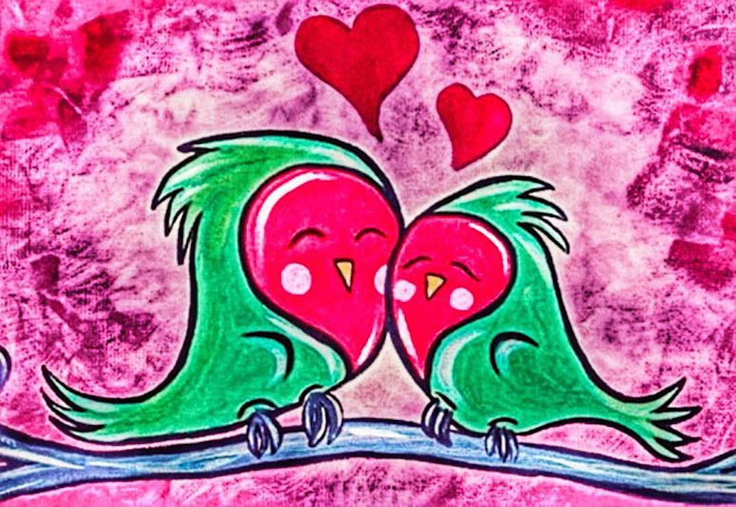 A pink painting of lovebirds cuddling