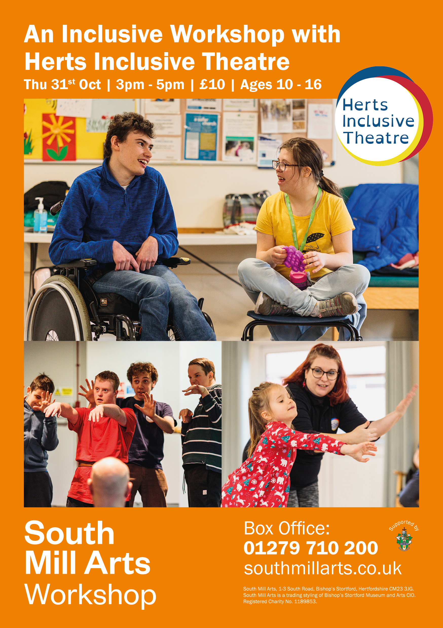 Inclusive workshop with Herts Inclusive theatre - poster. Tel: 01279 710200