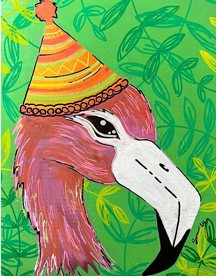 Painting of flamingo wearing hat