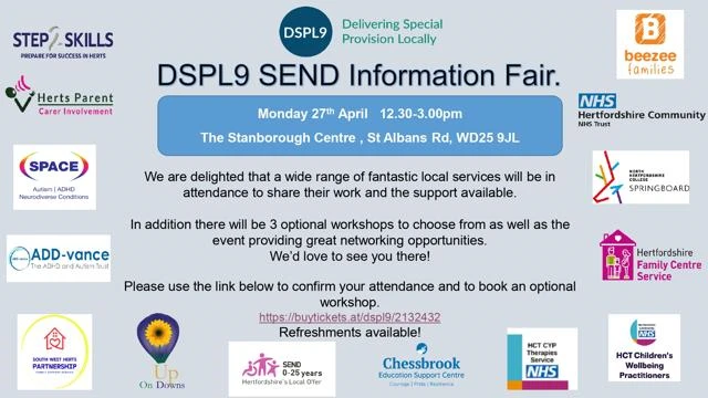 Flyer with logos of all the services attending the DSPL9 SEND Information Fair