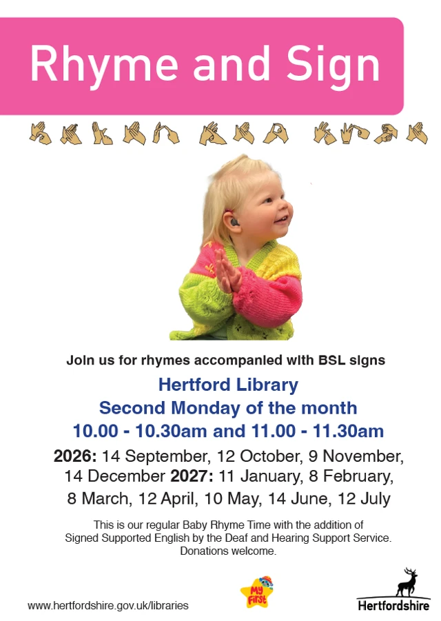 Rhyme and Sign event flyer, showing young girl who is deaf listening to a rhyme
