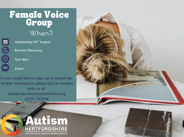 Flyer for Event focused on Burnout Recovery. Image shows a female sitting at a desk with face down on study books. 