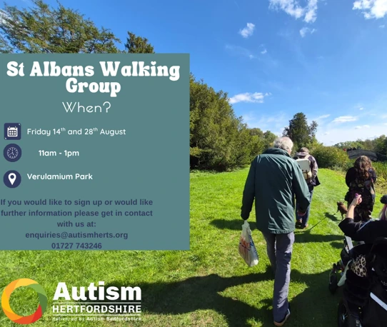 Event flyer showing adults walking in the park.