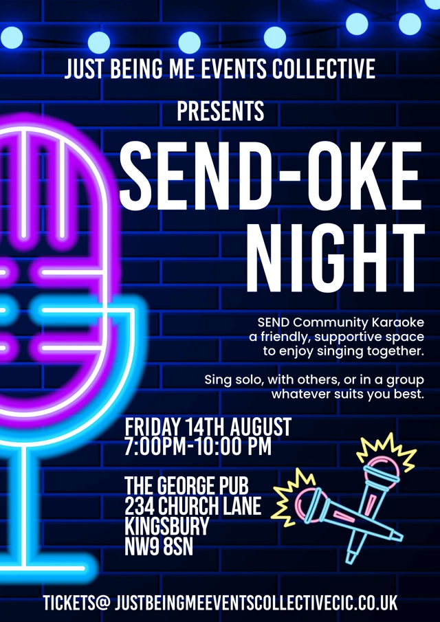 SEND-OKE Event Fyler with event info and images of microphones 